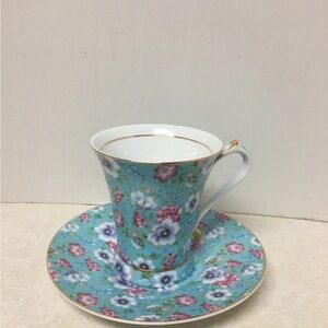 Nantucket Home  Chintz Gold Trim Turquoise Blue & Pink Floral Tea Cup & Saucer